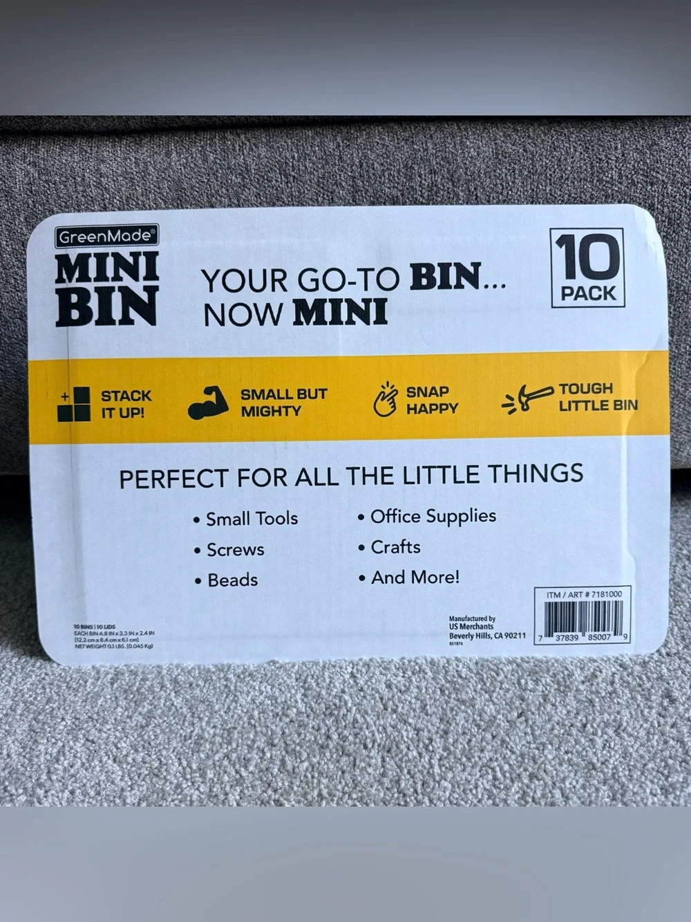 NWT GreenMade Mini Bin 10-Pack Stackable Storage Bins Black Yellow Lids